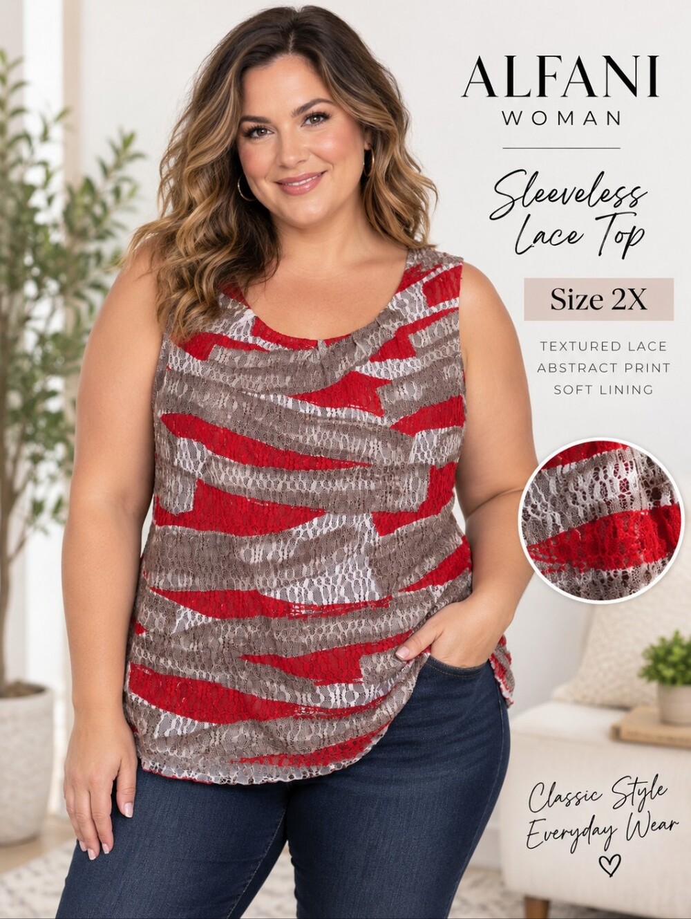 Alfani Red & Taupr Lace Sleevless Top